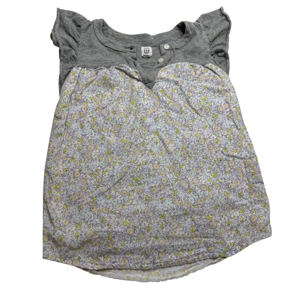 Baby Gap Toddler Girls Grey Floral Flutter Sleeve Henley Top 3T Mixed Media